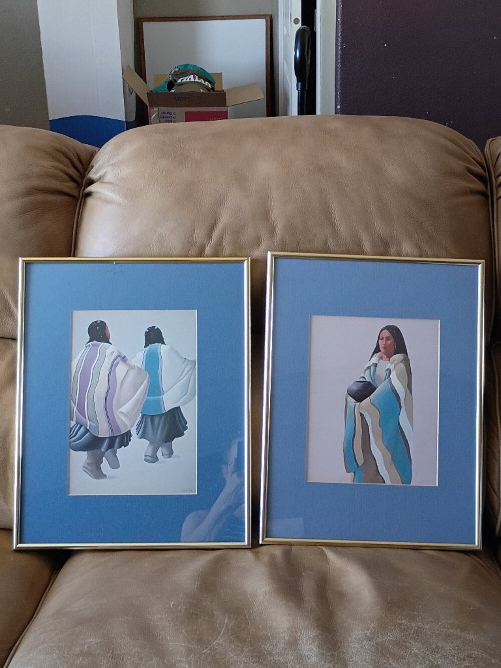 Deborah Hiatt Framed Art Pair – Southwest Desert Figures, Blue Mat & Gold Frame